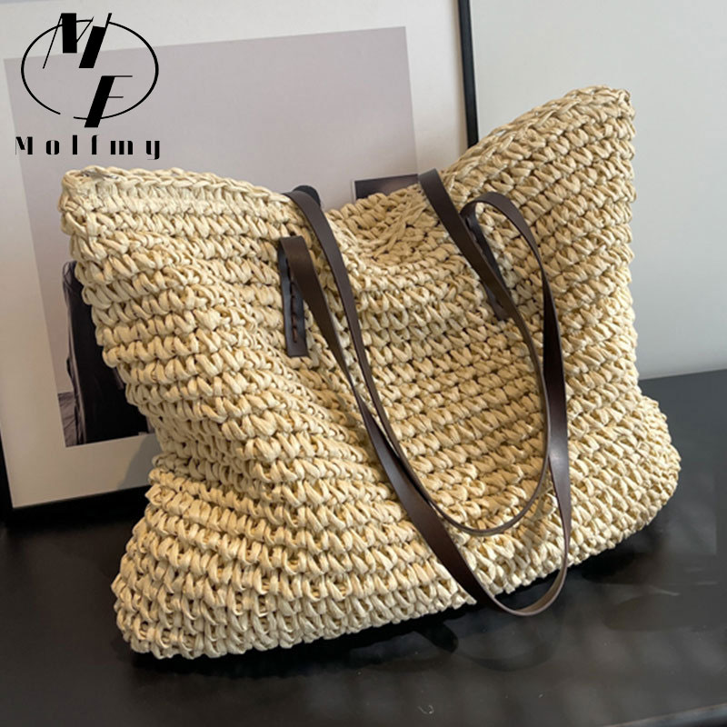 Straw Woven Tote Bags Casual L - Crochet Bag Raffia ulasan dan harga