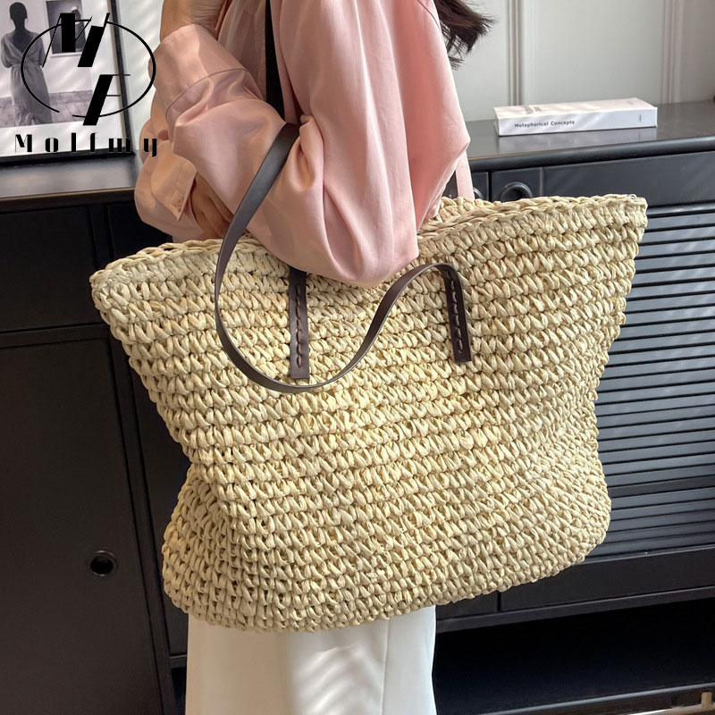 Straw Woven Tote Bags Casual L - Crochet Bag Raffia ulasan dan harga