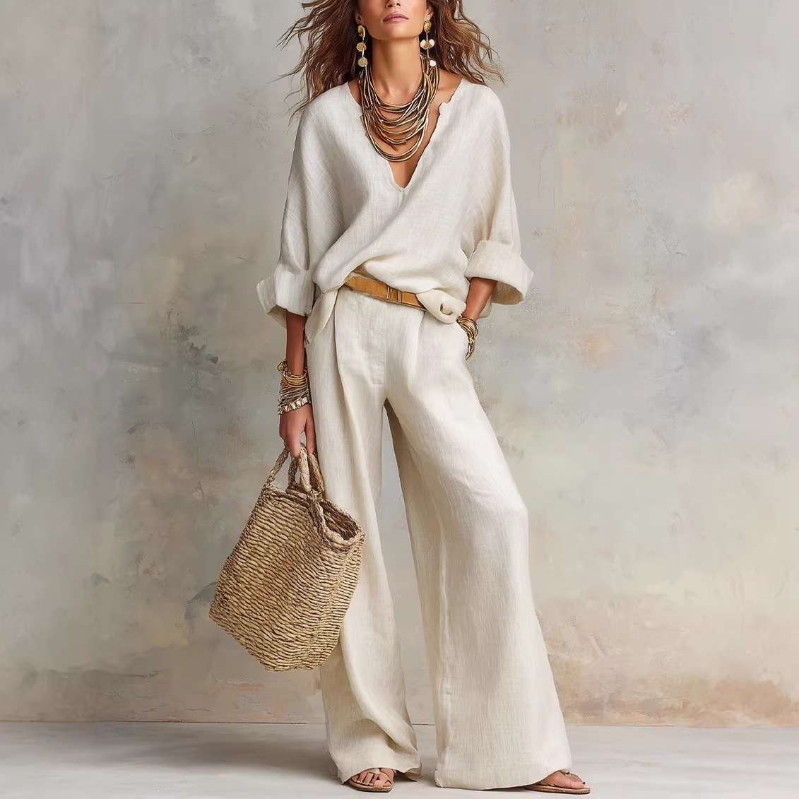 Vintage Women Simple Casual Pu - Linen Pant Wide ulasan dan harga