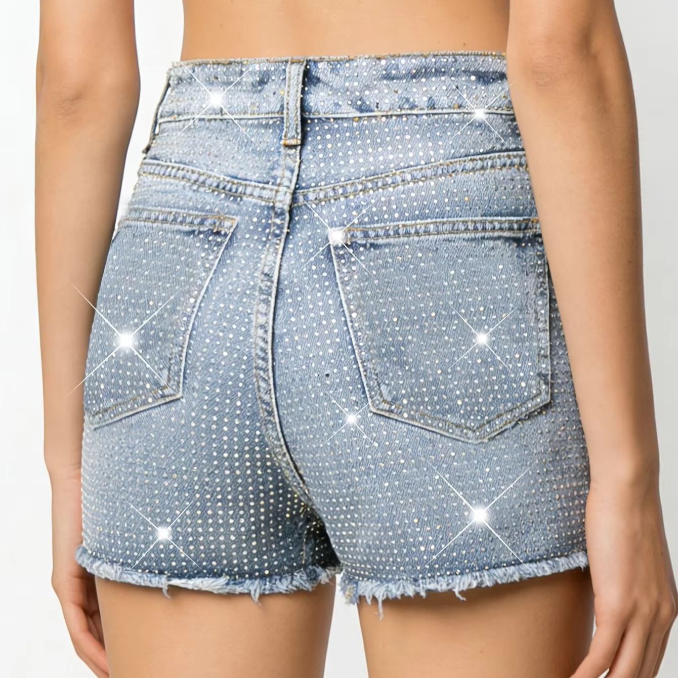 2026 New Full-Bejeweled Elasti - Shorts Denim Frayed ulasan dan harga